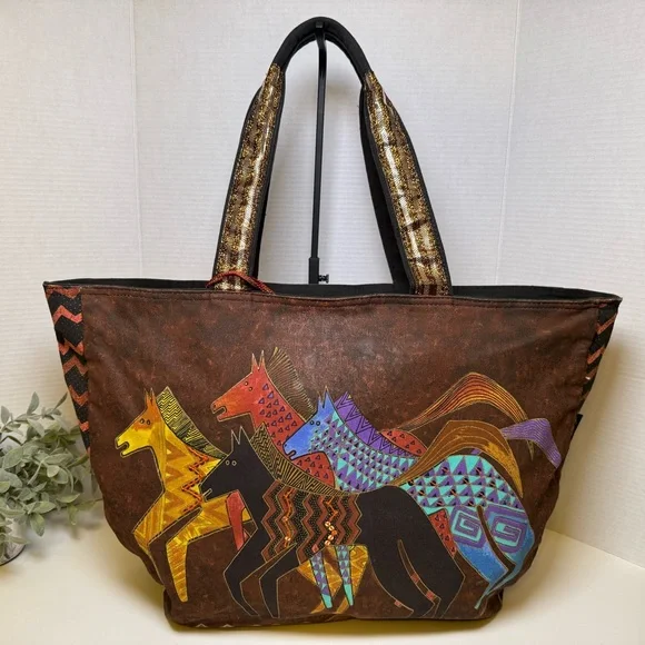 Laurel Burch Native Horses Travel Large Tote Bag Colorful, Cotton Western Whimsy - Picture 2 of 16